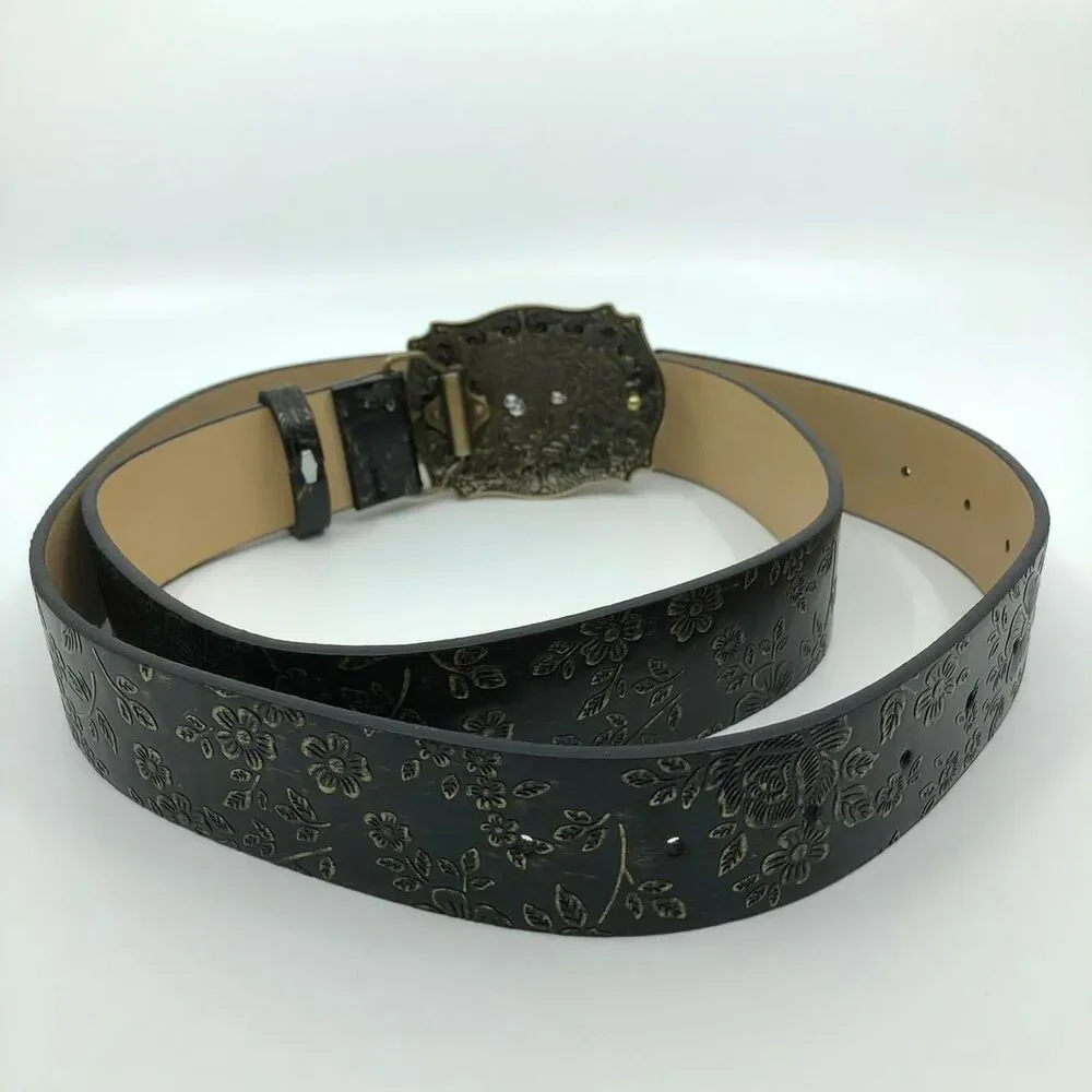 Women's Black Faux Leather Western Belt w/ Horse Buckle, 36.5-45.5 in, X7G9A966